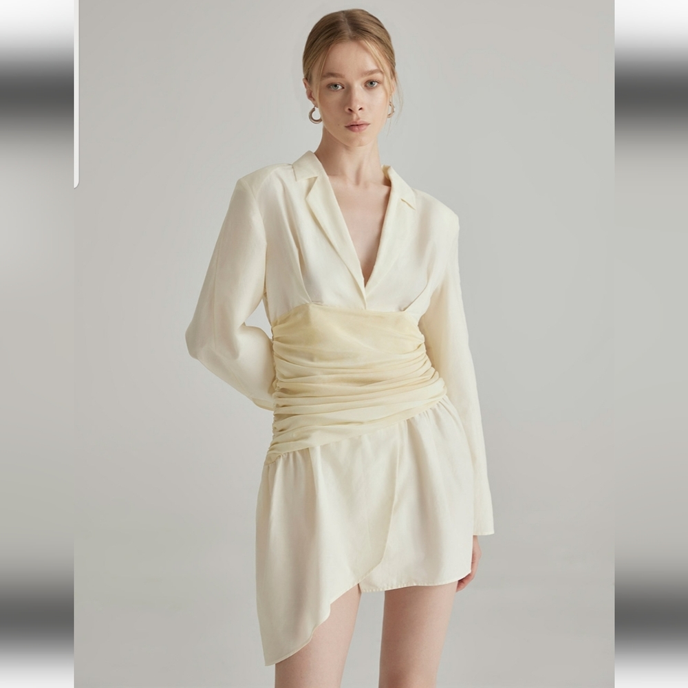 Soft Gradient Pleated Belt Silk Blazer Dress (Ivory/Yellow) - Silk Maison - Picture 2 of 14